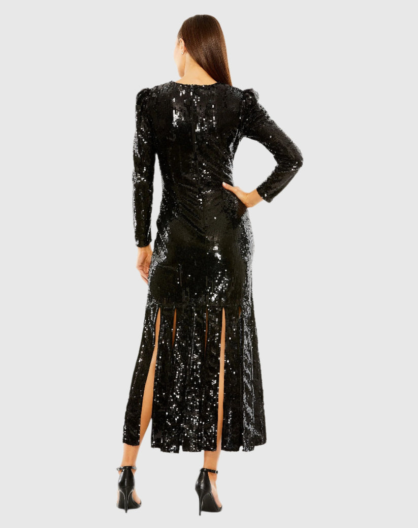 Mac Duggal 24008 Long Sleeve Formal Sequin Tea Length Dress