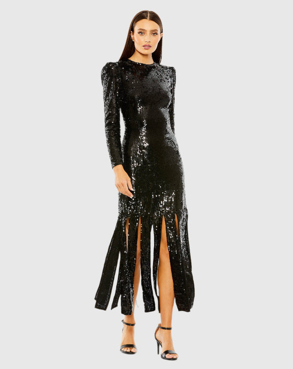 Long Sleeve Sequin Dress Formal Tea Length Mac Duggal 24008
