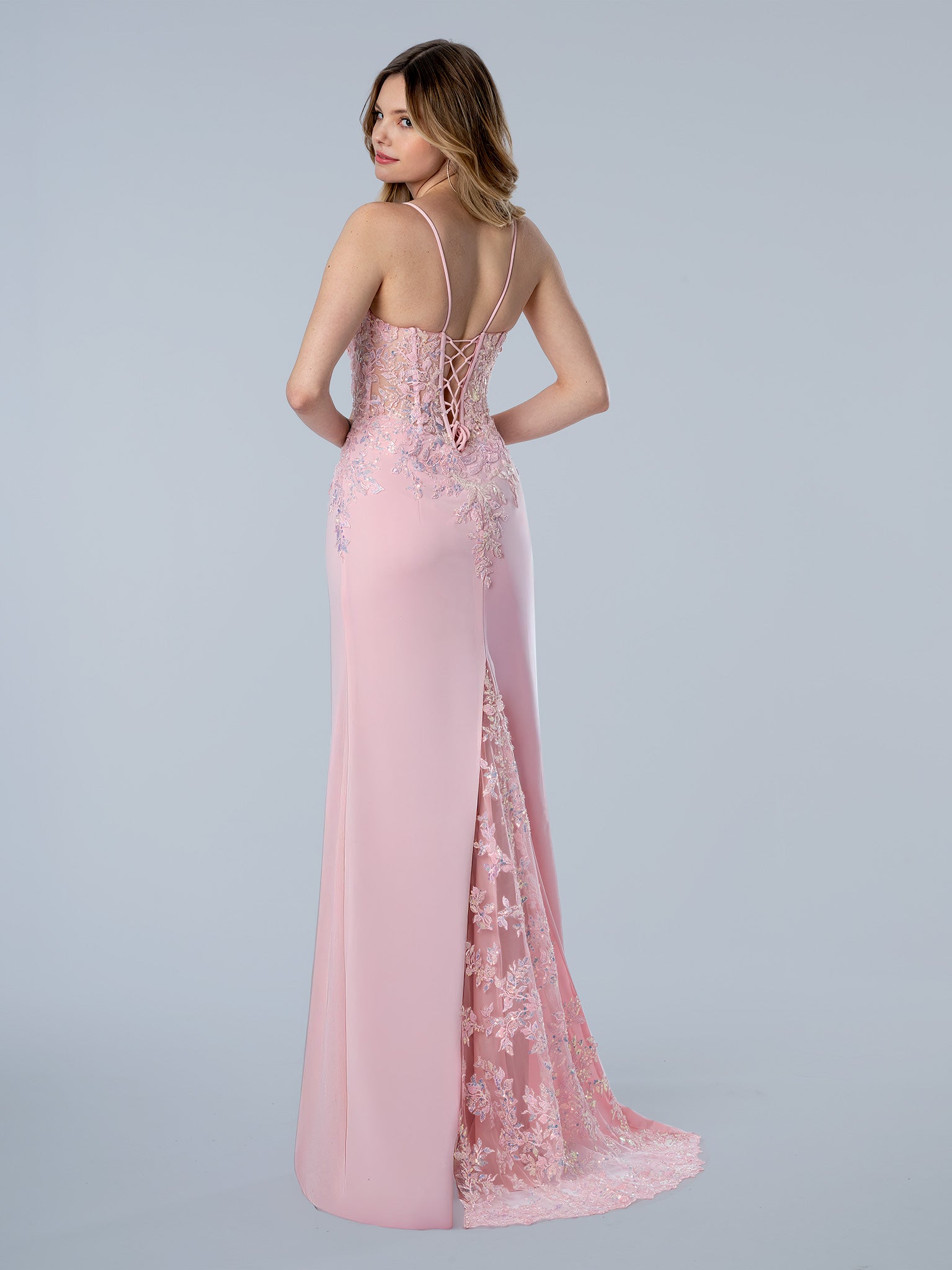 Prom Dresses Fitted Long Lace Applique Formal Prom Dress Pink