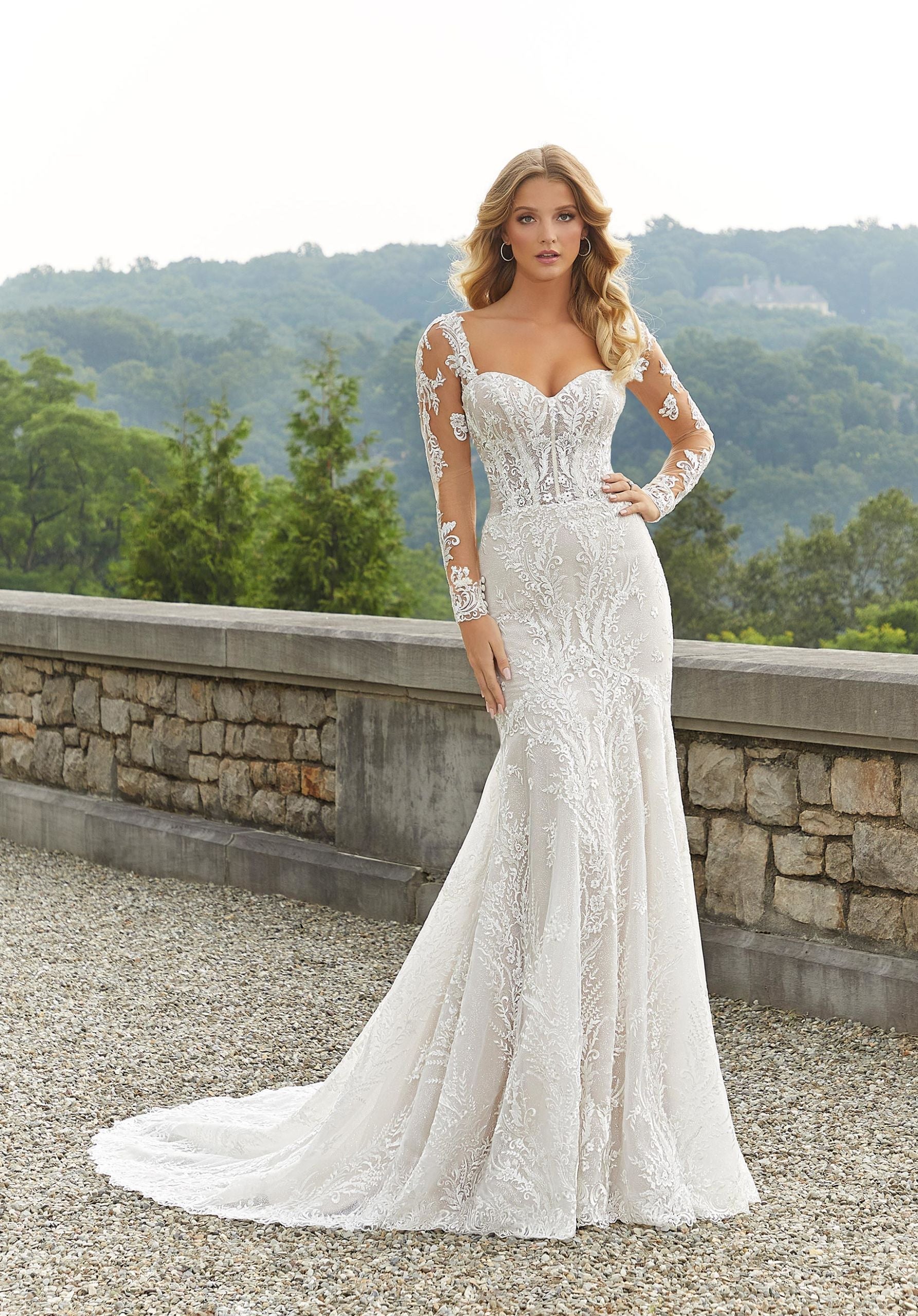 Wedding Dresses Long Sleeve Corset Lace Wedding Dress MGNY Madeline Gardner New York 2401 Ivory/Cappuccino/Honey