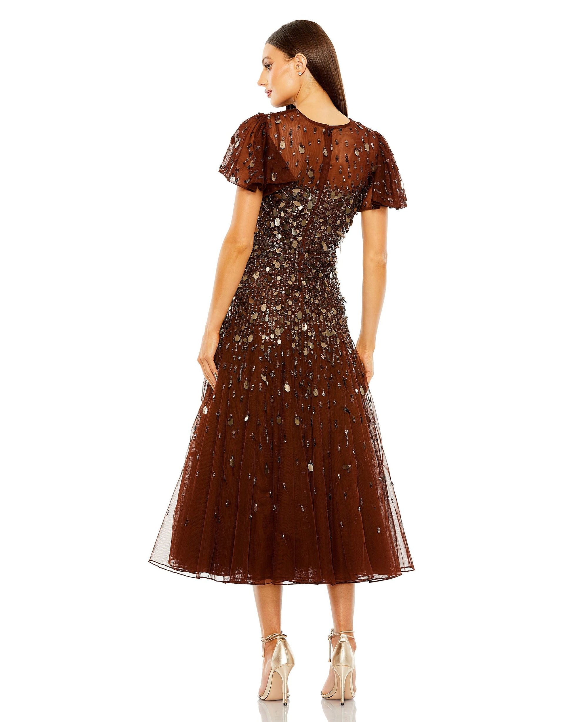 Mac Duggal 24018 Formal A Line Beaded Tea Length Dress