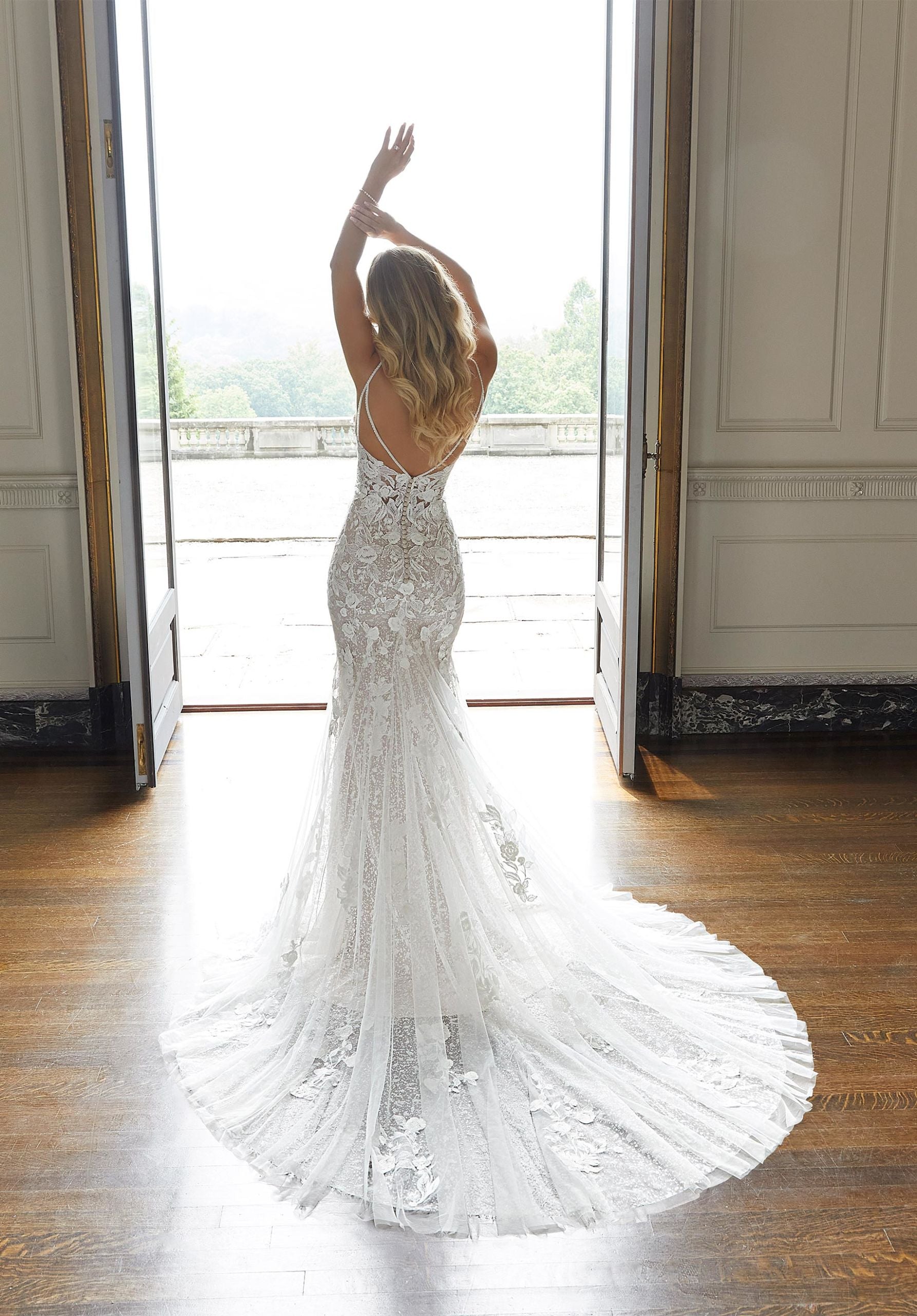 Wedding Dresses Long Bridal Floral Lace Wedding Dress MGNY Madeline Gardner New York 2403 Ivory/Cappuccino/Honey