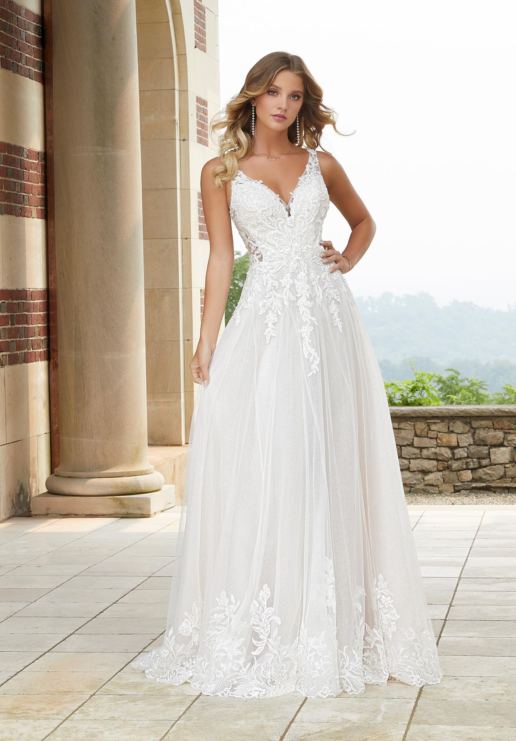 Wedding Dresses Long A Line Lace Glitter Wedding Dress MGNY Madeline Gardner New York 2404 Ivory/Champagne/Honey