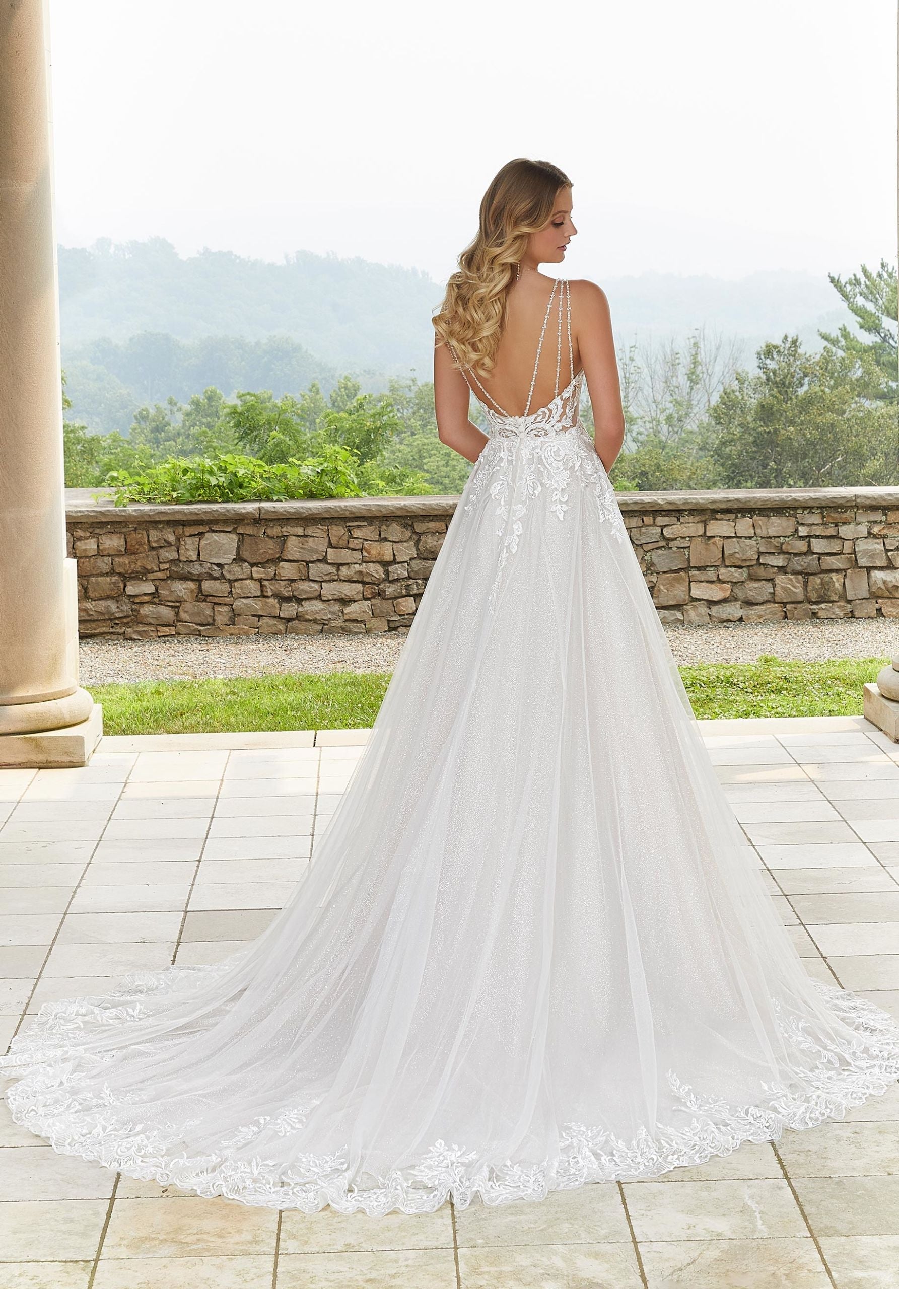 Wedding Dresses Long A Line Lace Glitter Wedding Dress MGNY Madeline Gardner New York 2404 Ivory/Champagne/Honey