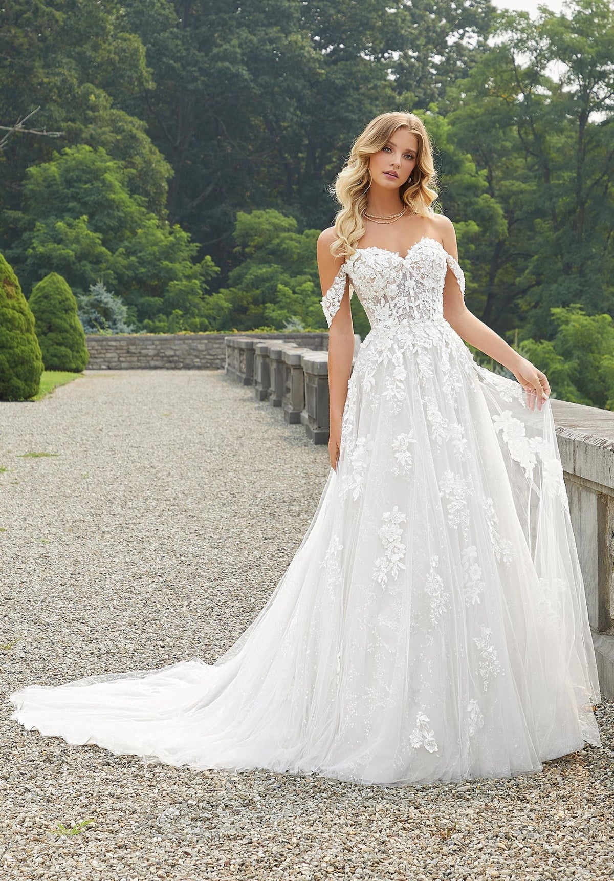 Wedding Dresses Long 3D Floral Lace Applique Wedding Dress MGNY Madeline Gardner New York 2406 Ivory/Almond/Honey