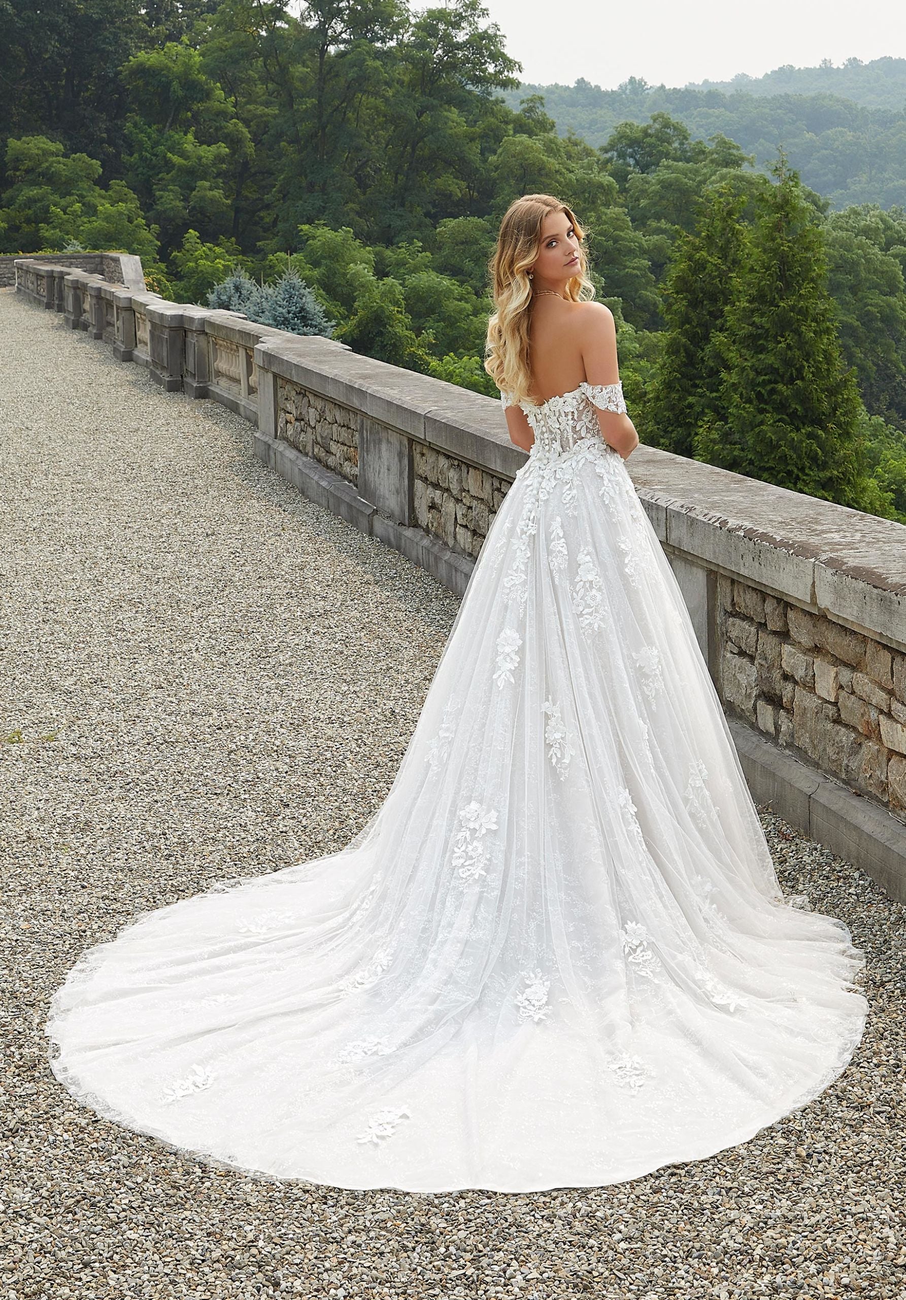 Wedding Dresses Long 3D Floral Lace Applique Wedding Dress MGNY Madeline Gardner New York 2406 Ivory/Almond/Honey