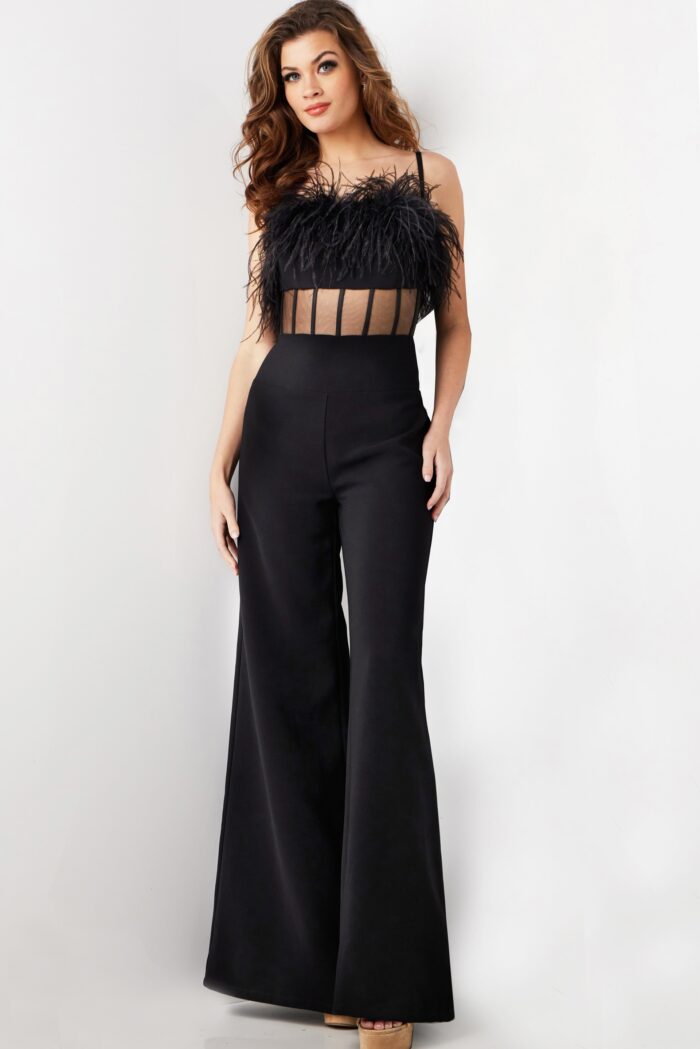Jovani 24144 Long Feather Formal Jumpsuit