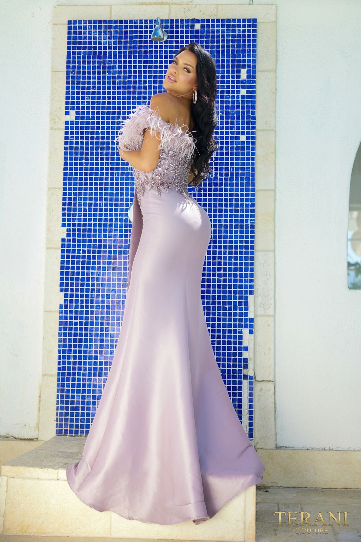 Terani Couture 241E2490 Trumpet Feathered Formal Long Evening Dress