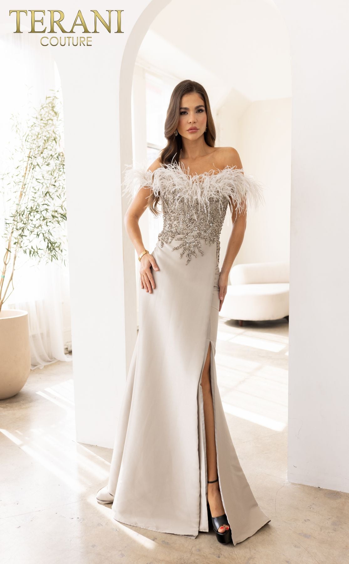 Terani Couture 241E2490 Trumpet Feathered Formal Long Evening Dress
