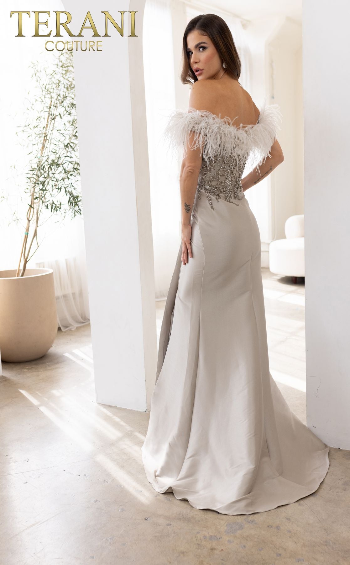 Terani Couture 241E2490 Trumpet Feathered Formal Long Evening Dress