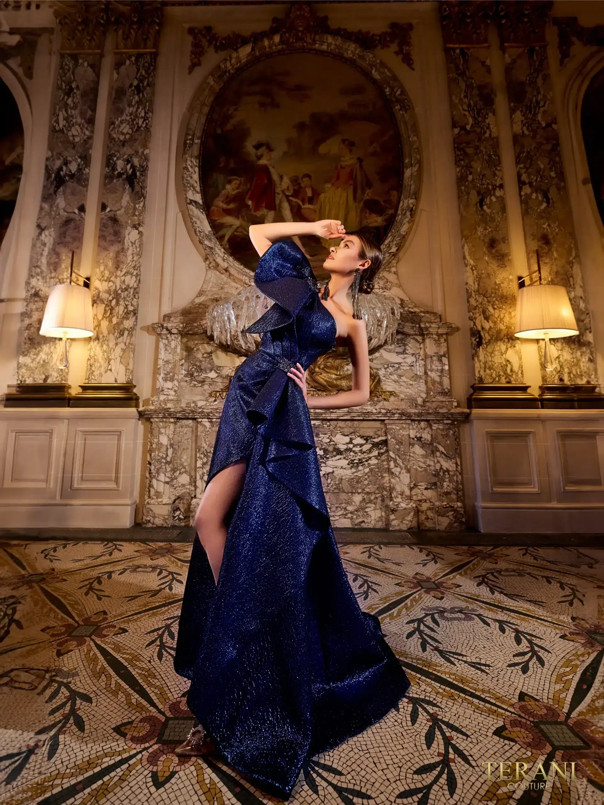 Formal Dresses Long Formal Ruffle Accent Evening Gown Navy