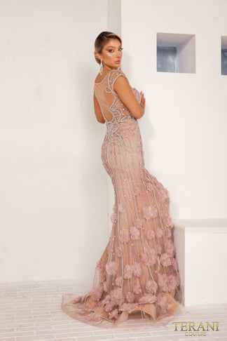 Taupe Rose Terani Couture 241GL2625 Formal Evening Long Beaded Dress for $1749.0 – The Dress Outlet