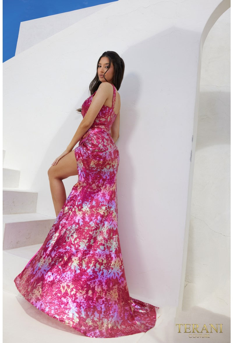 Terani Couture 241P2269 Printed Formal Long Prom Slit Gown