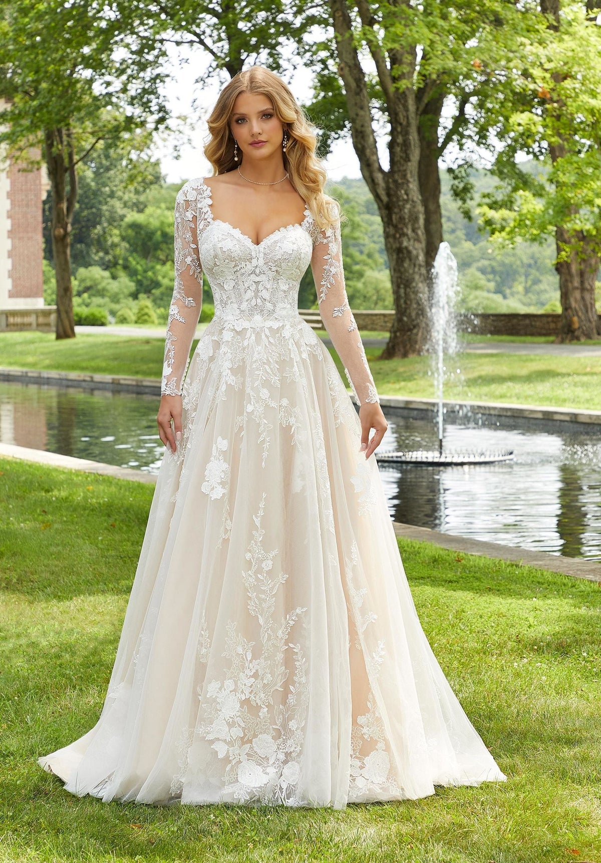 Wedding Dresses Long Sleeve Bridal Lace Wedding A Line Dress MGNY Madeline Gardner New York 2420 Ivory/Rose/Honey
