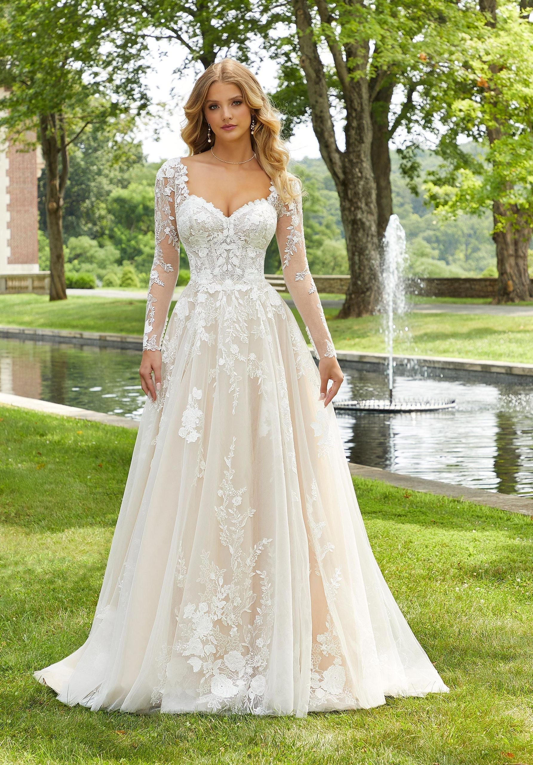 Wedding Dresses Long Sleeve Bridal Lace Wedding A Line Dress MGNY Madeline Gardner New York 2420 Ivory/Rose/Honey
