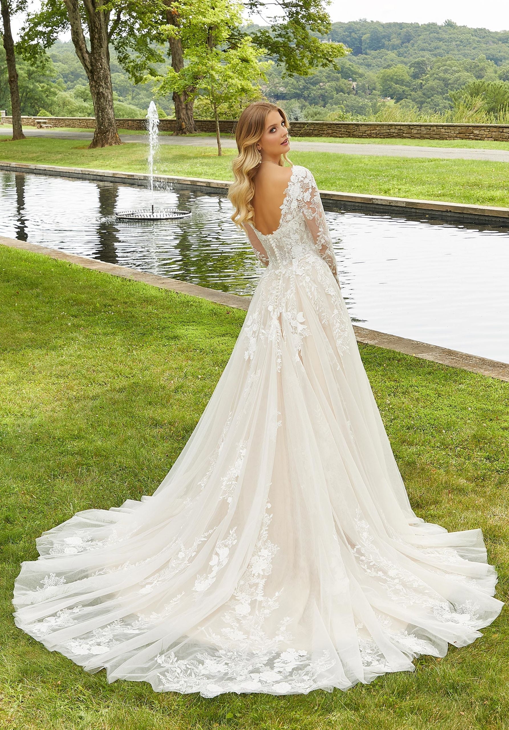 Wedding Dresses Long Sleeve Bridal Lace Wedding A Line Dress MGNY Madeline Gardner New York 2420 Ivory/Rose/Honey