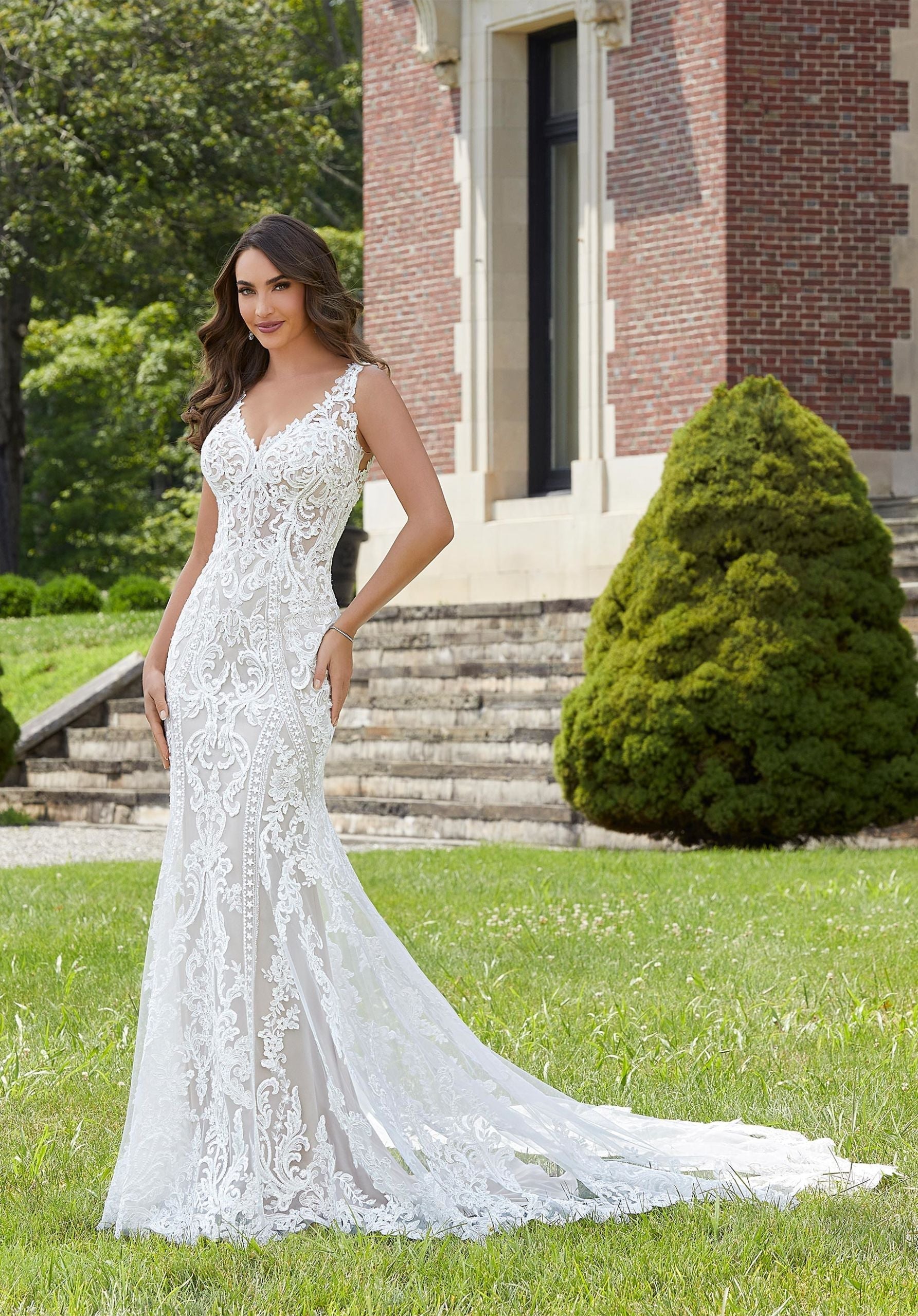 Wedding Dresses Long Fitted Bridal Lace Wedding Dress MGNY Madeline Gardner New York 2422 Ivory/Cappuccino/Honey