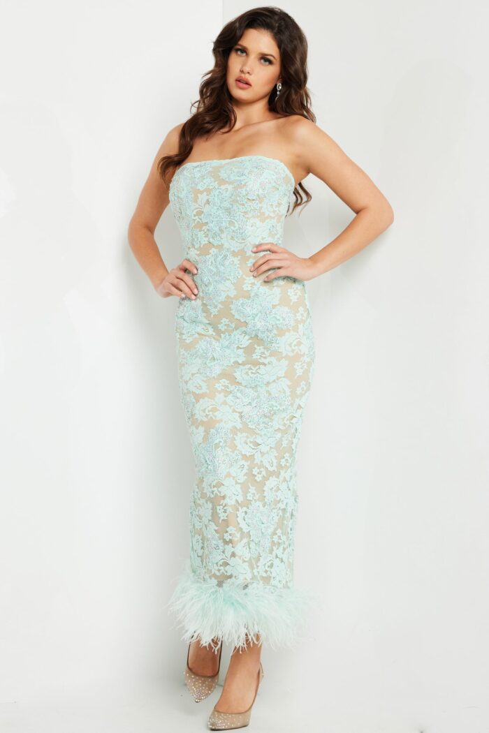 Cocktail Dresses Tea Length Beaded Lace Evening Formal Dress Aqua