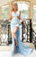 Prom Dresses Feather Slit Long Formal Fitted Prom Dress Baby Blue