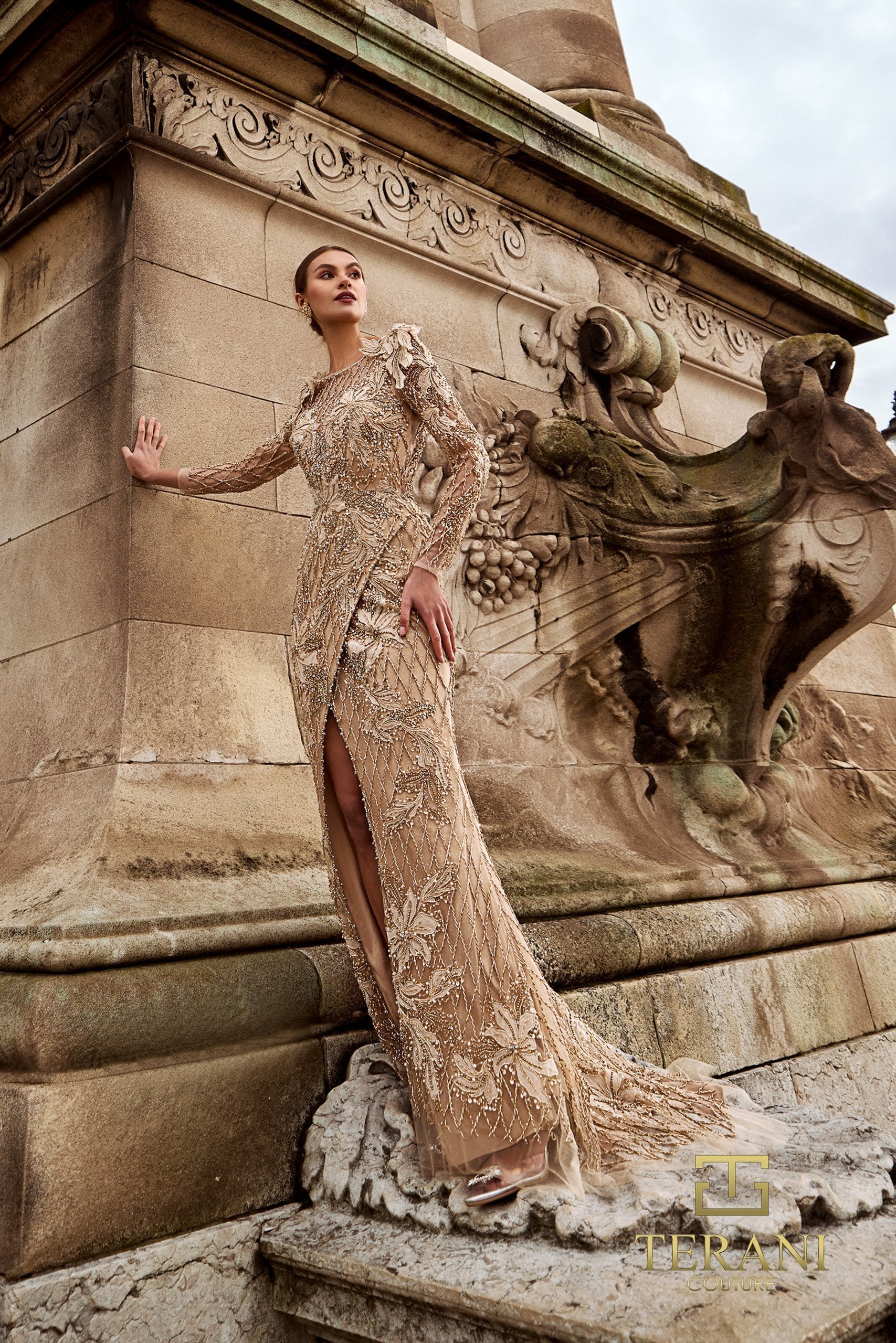 Prom Dresses Long Slit Beaded Evening Formal Prom Dress Champagne