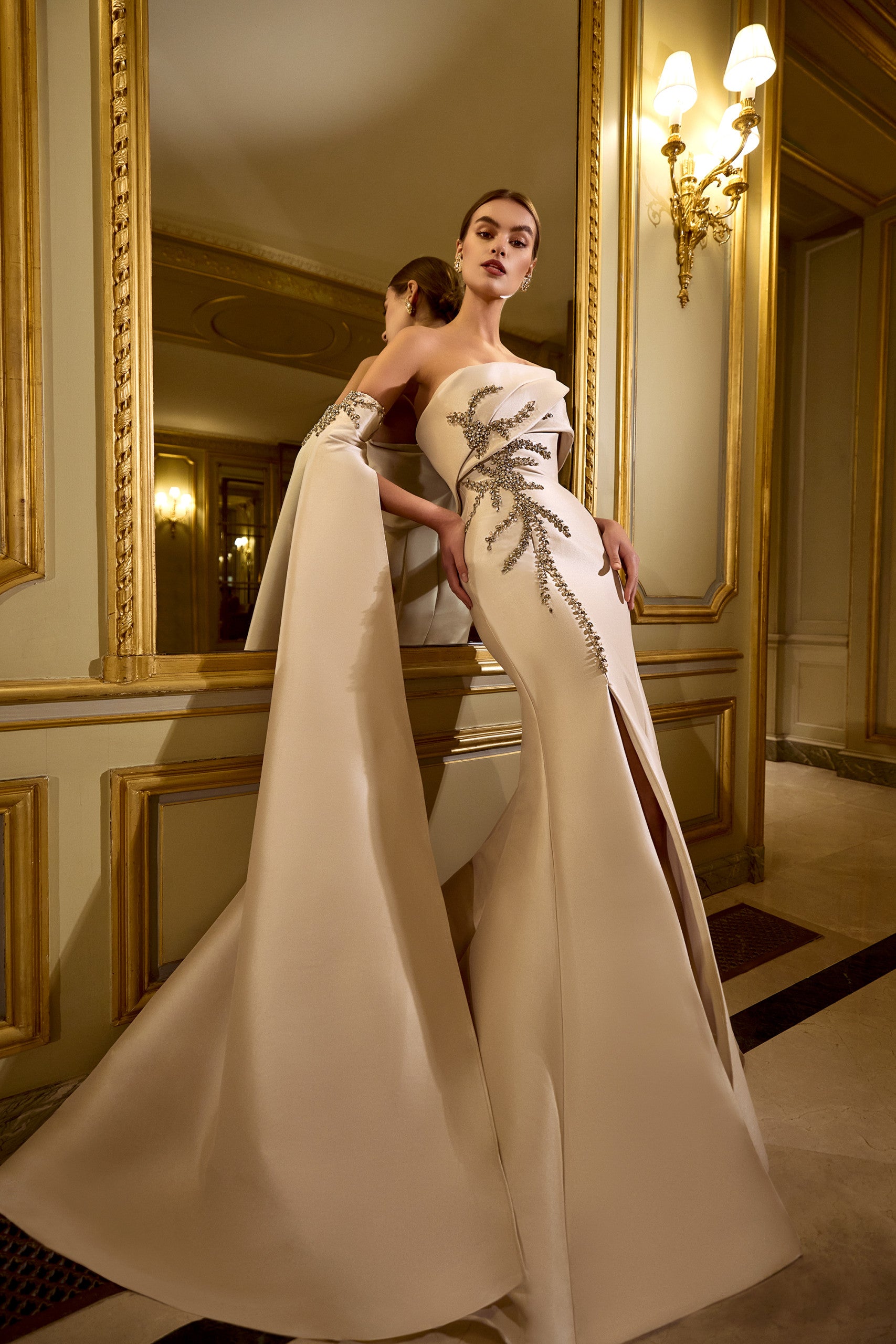 Formal Dresses Long Mermaid Fit Overlay Cape Sleeve Formal Dress Champagne