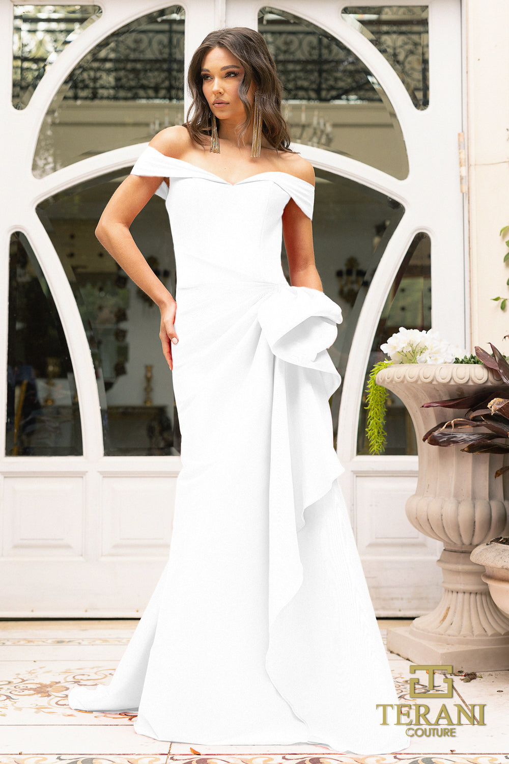 Off-the-Shoulder Floor-Length Satin Wedding Mermaid Terani Couture 242M3335