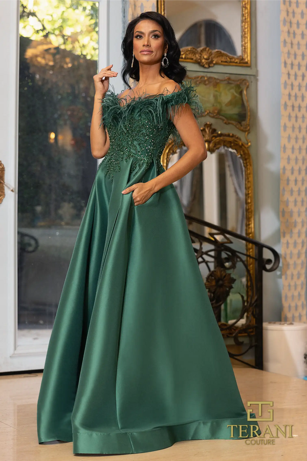 Terani Couture 242M3357  Feathered Long Formal Prom Dress