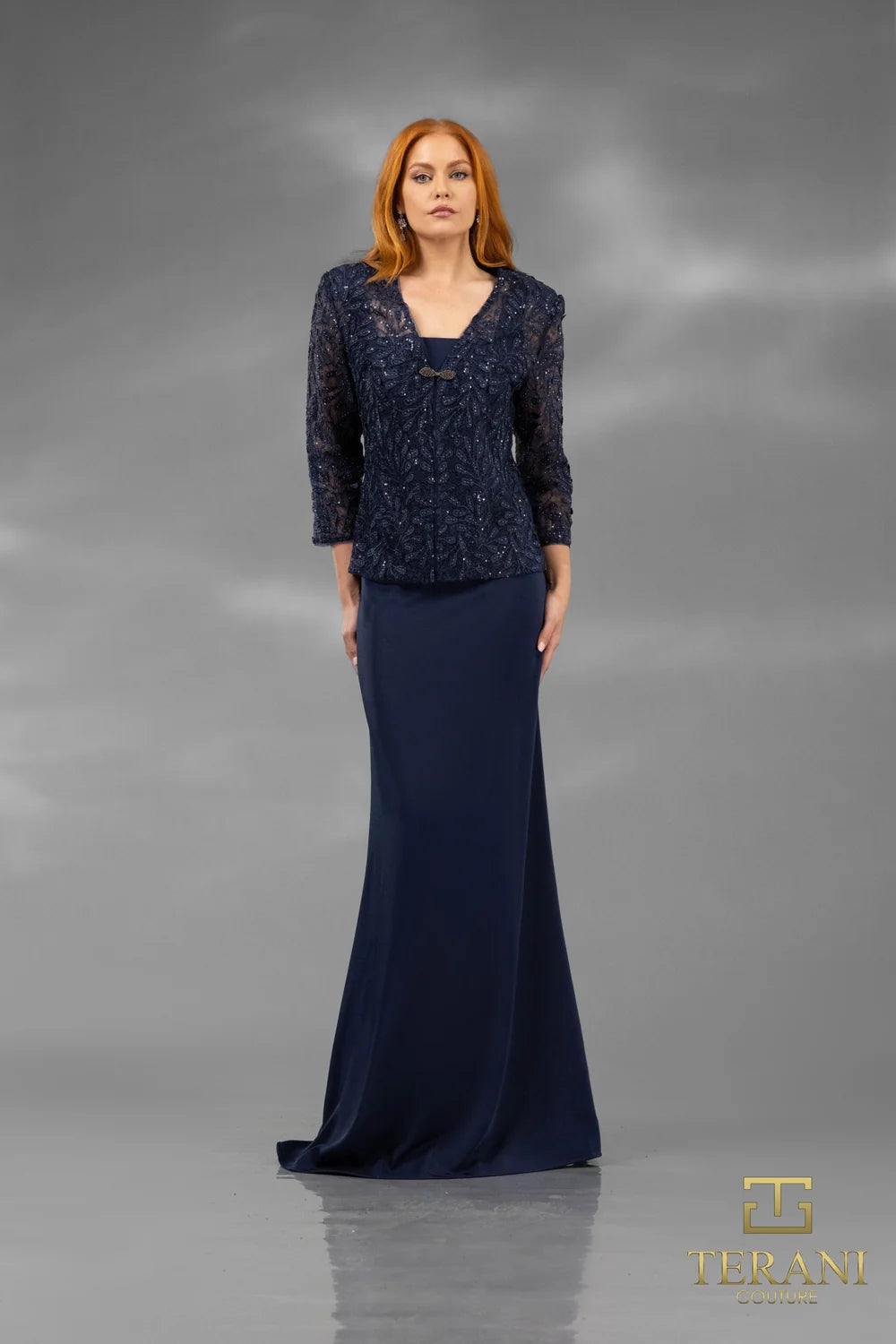 Terani Couture 242M3414 Long Fitted Evening Dress Navy
