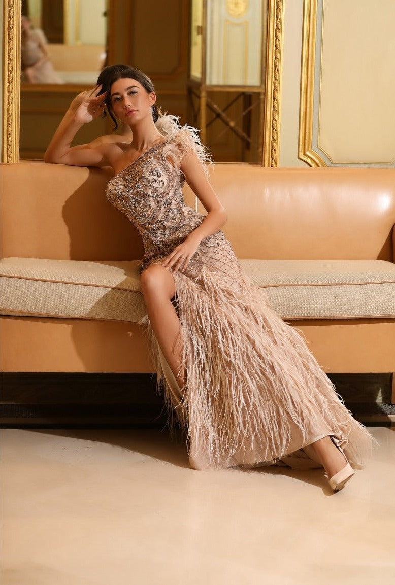 Terani Couture 242GL3235 Feather Long Fitted Formal Evening Dress