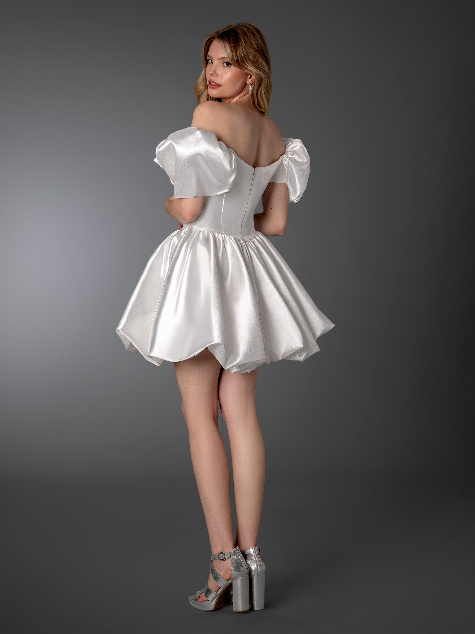 Off-Shoulder Short Satin Bridal Dress by Stella Couture 26901 in Off White