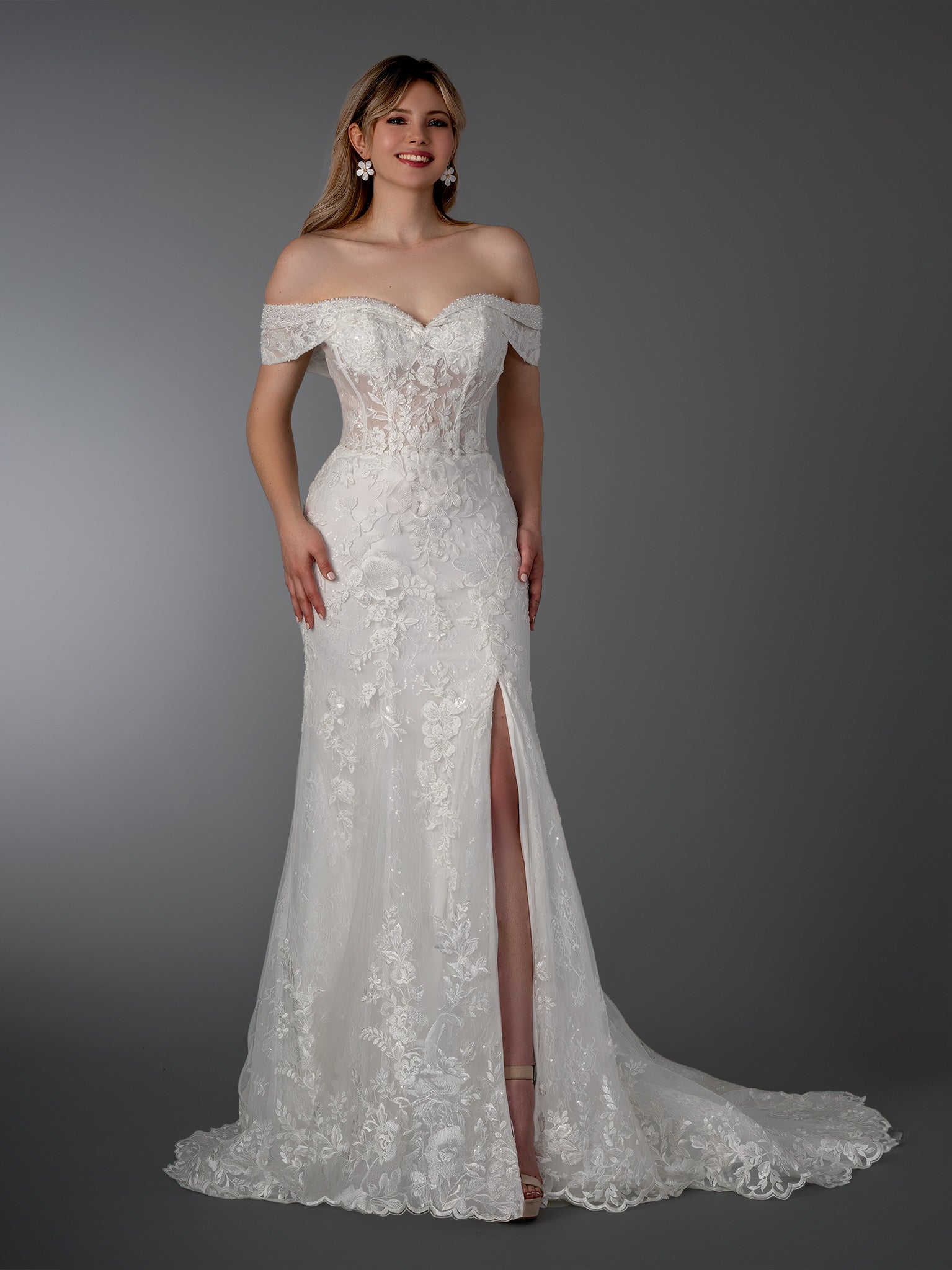 Wedding Dresses Long Bridal Beaded Wedding Dress - Lace - Stella Couture 26530 Off White-Lace-26530-Beaded