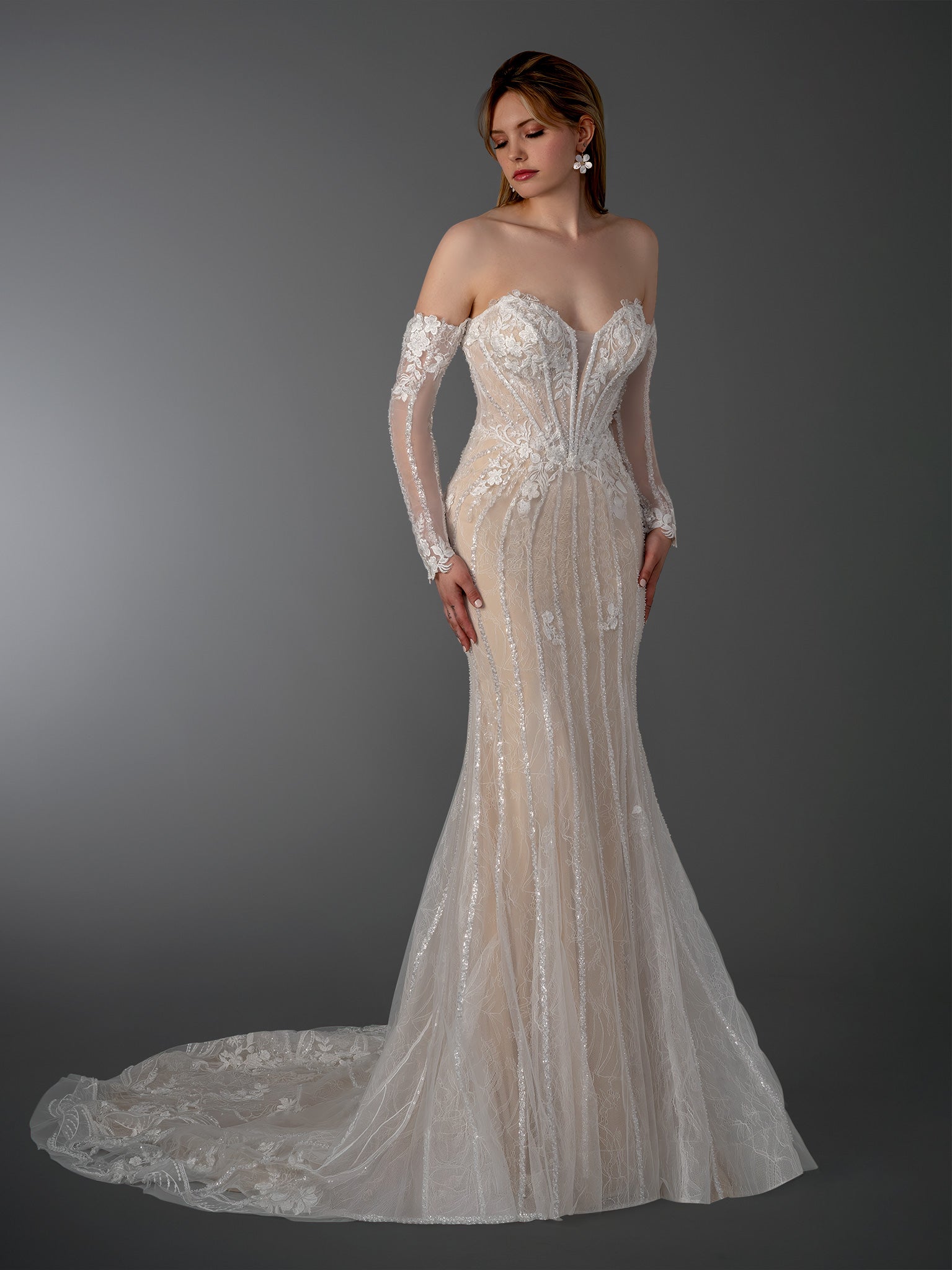 Long Bridal Fitted Wedding Dress Corset Sequin