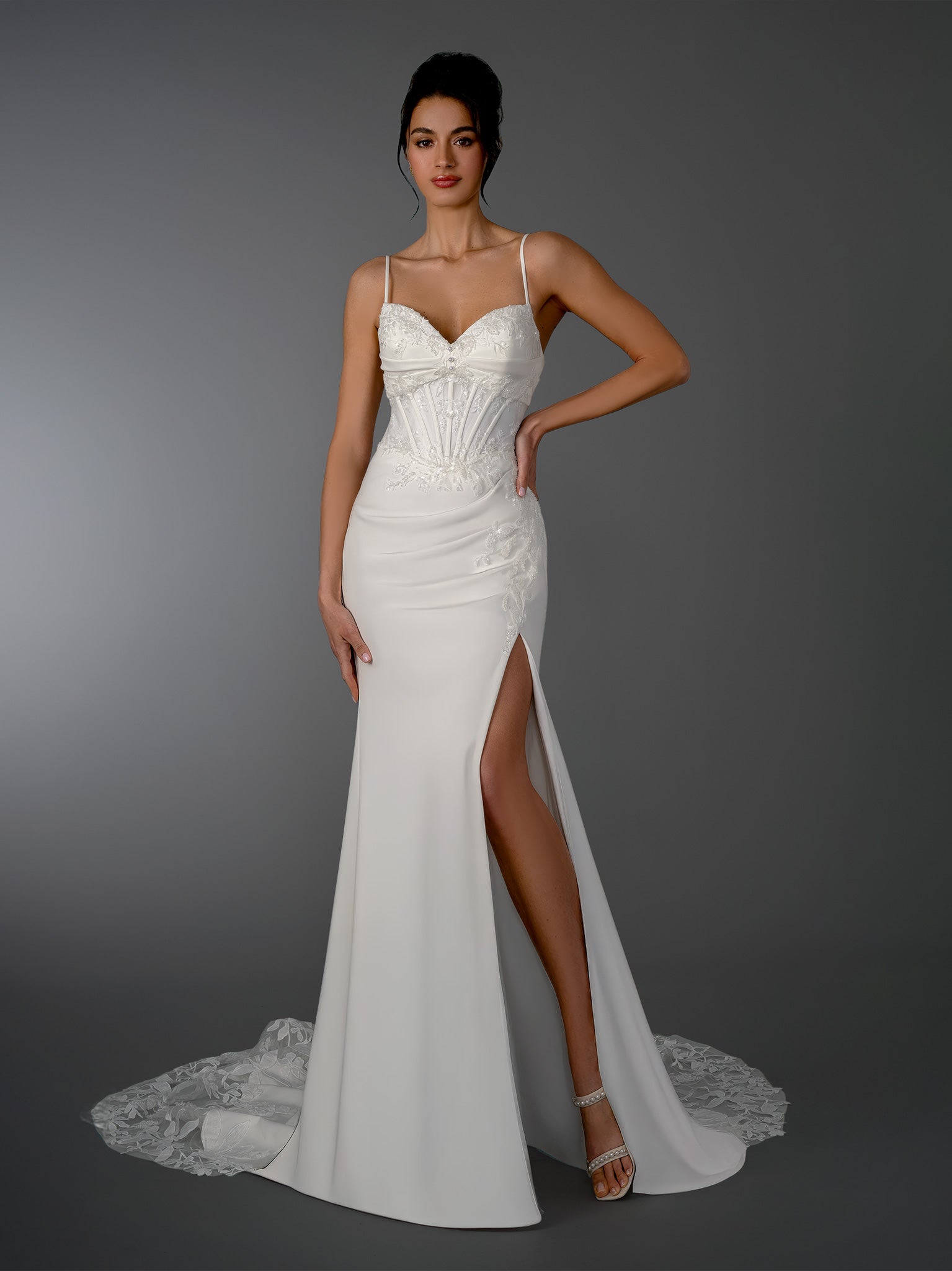 Wedding Dresses Long Bridal Lace Wedding Dress - Corset Beaded - Stella Couture 26528 Off White-Satin-26528-Train