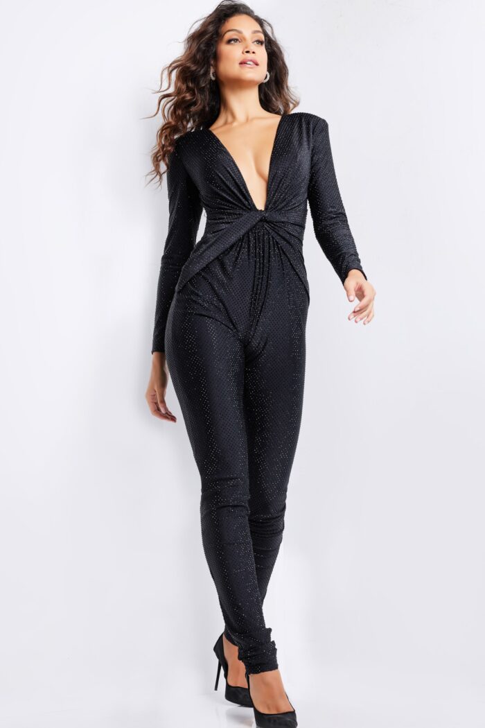 Jumpsuit Beaded Long Sequin V Neckline Formal Jumpsuit Balck