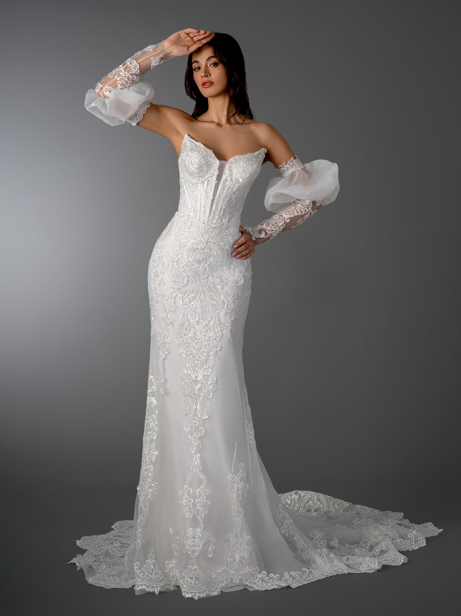 White Strapless Floor-Length Embroidered Lace Mermaid Bridal Gown with Detachable Puff Sleeves