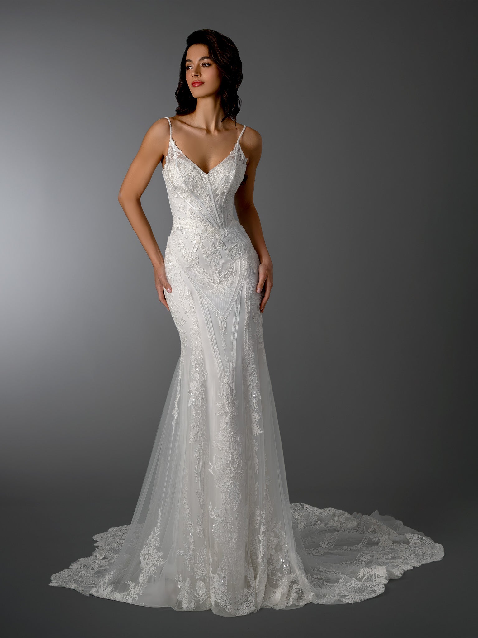 Wedding Dresses Fitted Lace Corset Long Bridal Wedding Dress Stella Couture 26504 Off White
