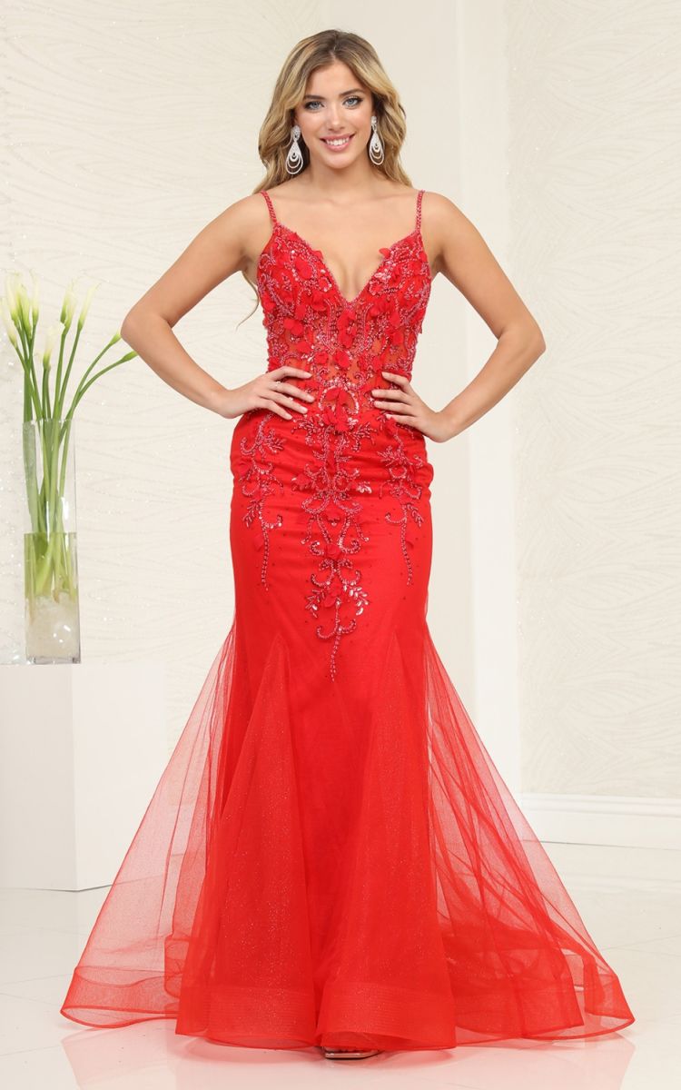 Red V-Neck Floor-Length Tulle Prom Dress May Queen RQ8030