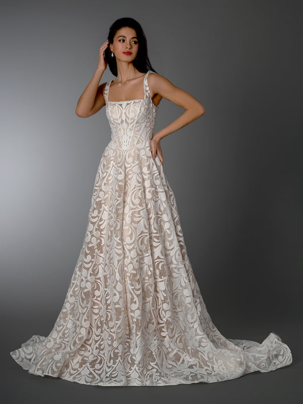 Long Floral Lace Corset Wedding Dress