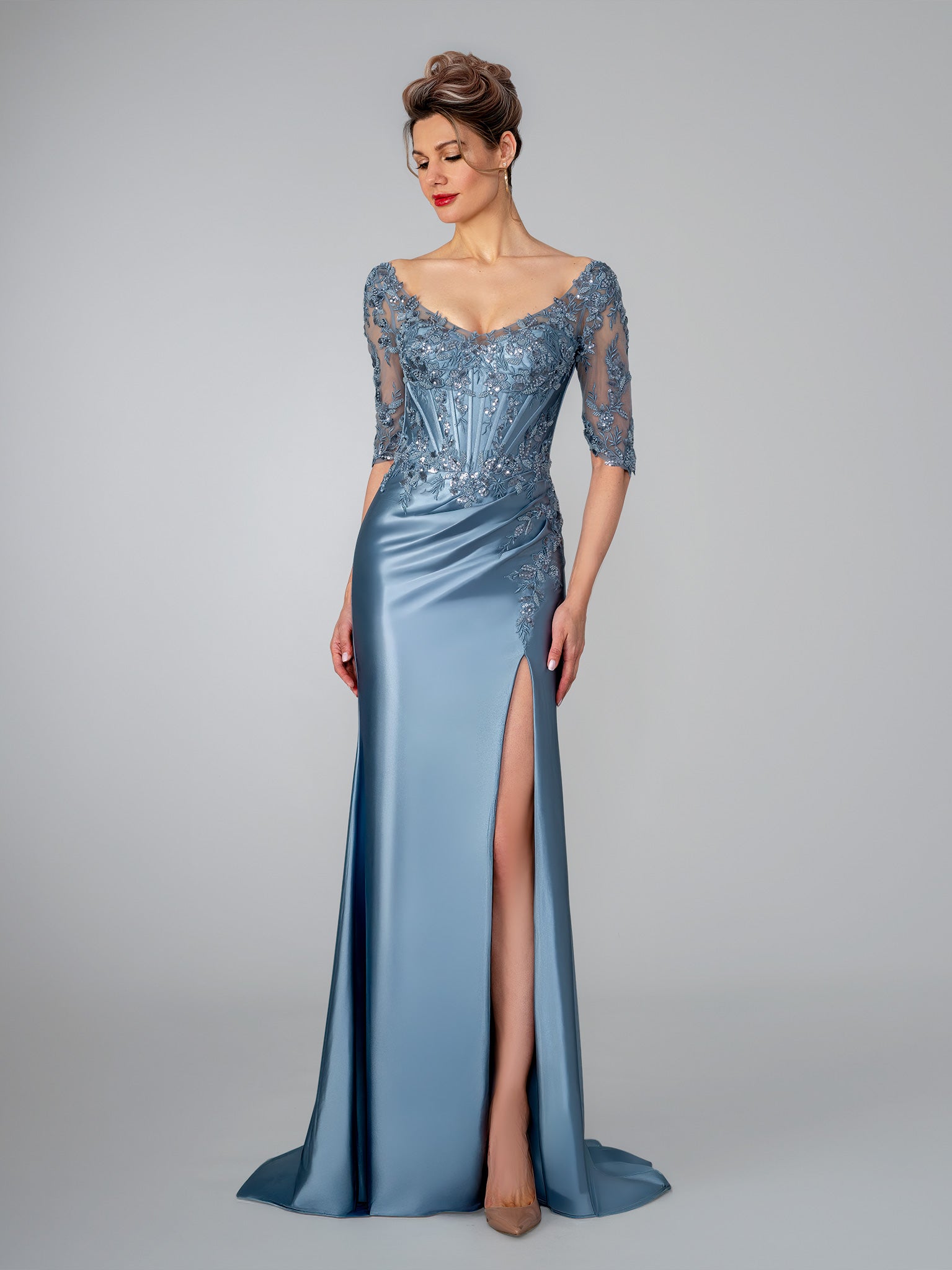 Mother of the Bride Dresses Long Slit Corset Lace Formal Mother of the Bride Dress Stella Couture 26319 Slate