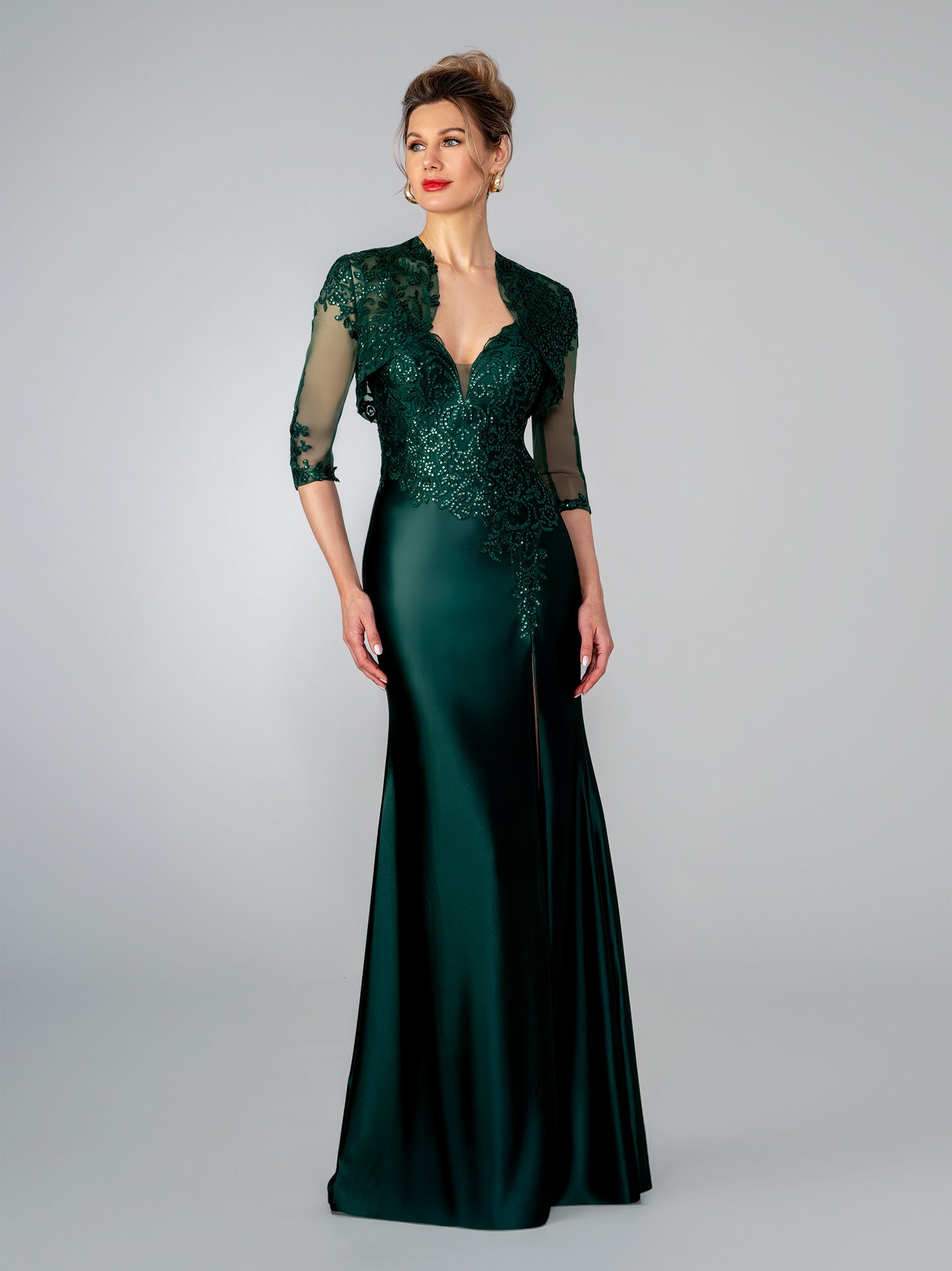 Formal Dresses Fitted Long Formal Slit Dress Stella Couture 26318 Emerald