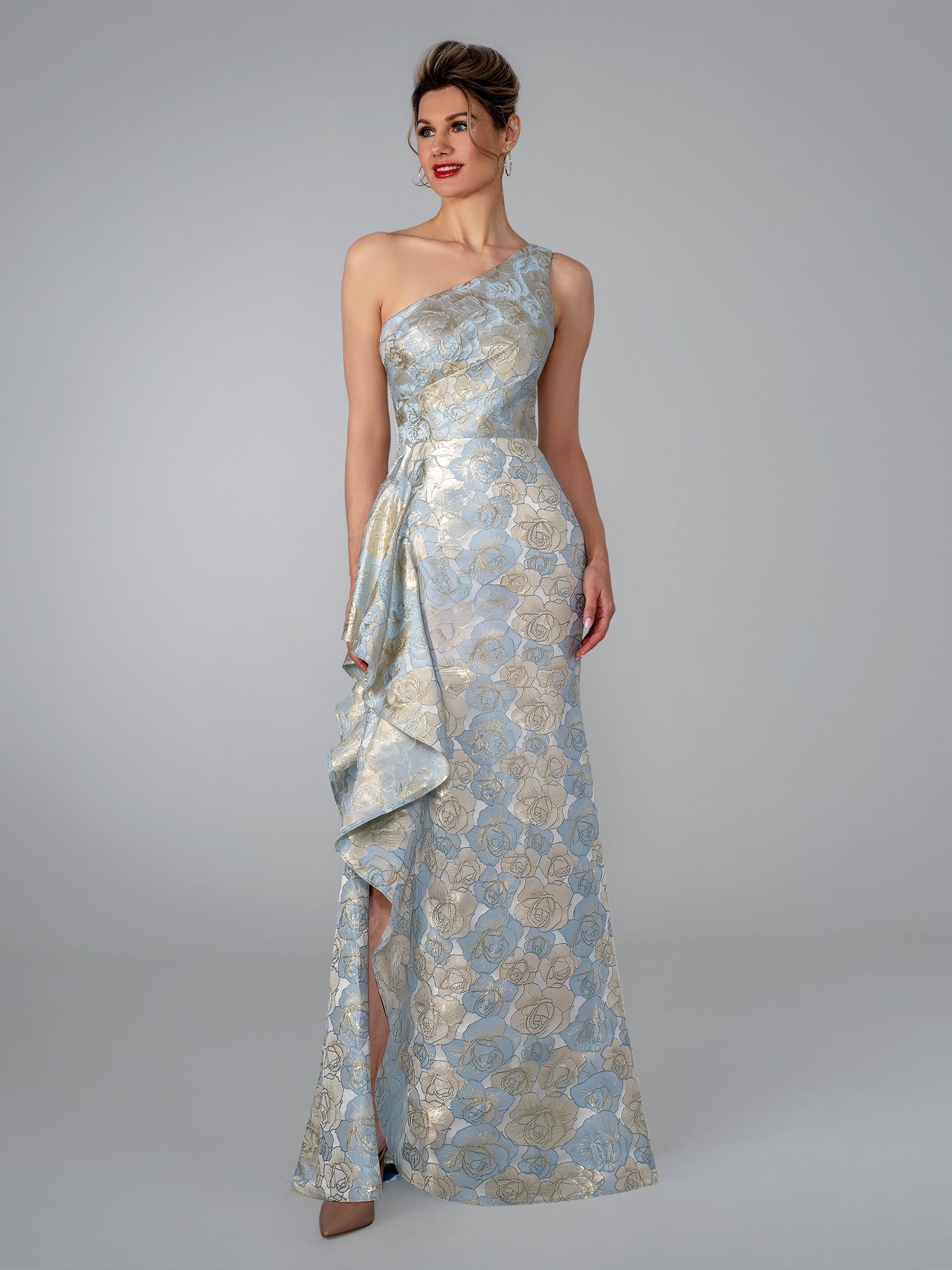 Formal Dresses Long Formal Metallic Floral Ruffle Dress Stella Couture 26315 Blue