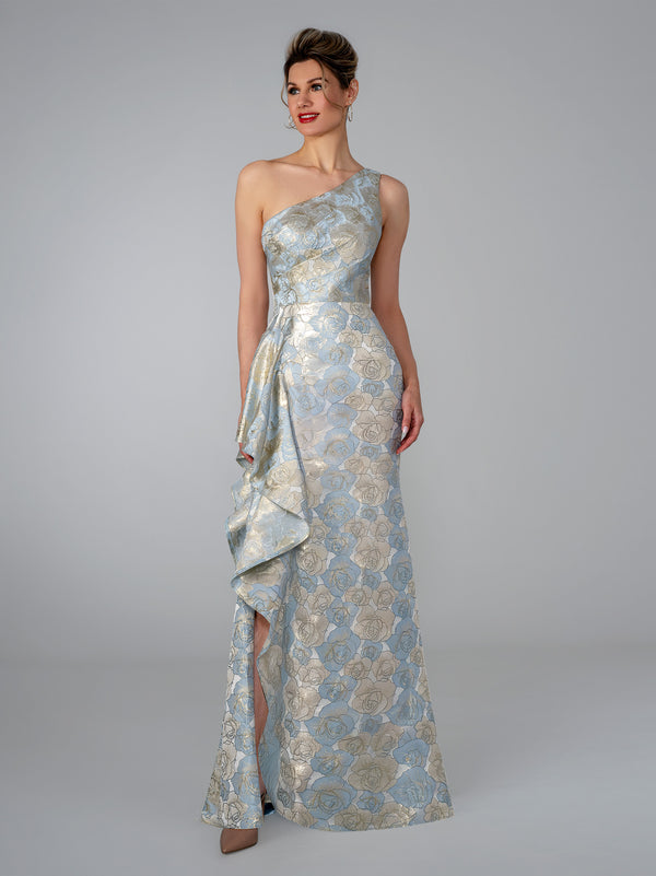 Long Formal Metallic Floral Ruffle Dress Stella Couture 26315