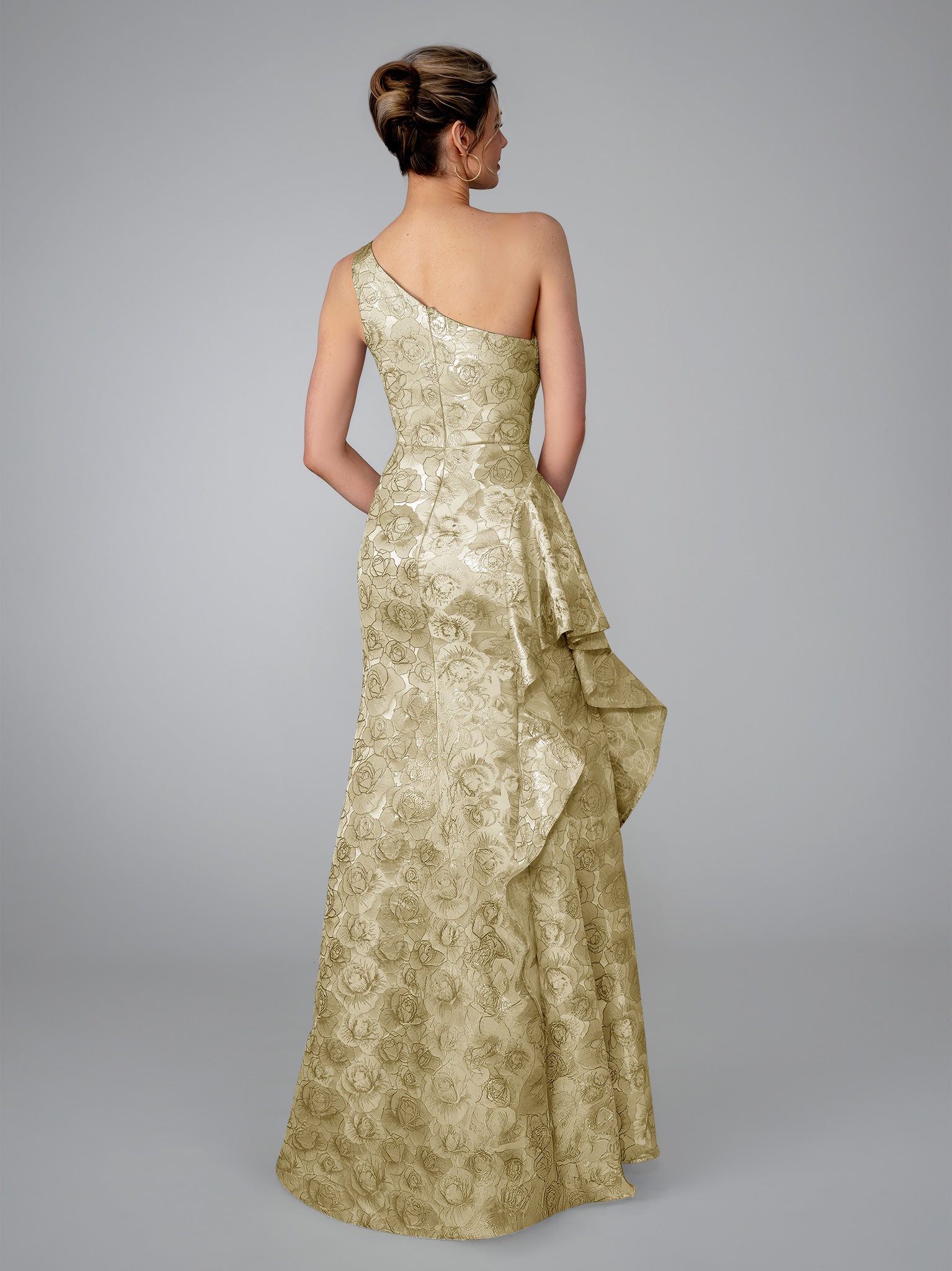 Formal Dresses Long Formal Metallic Floral Ruffle Dress Stella Couture 26315 Champagne