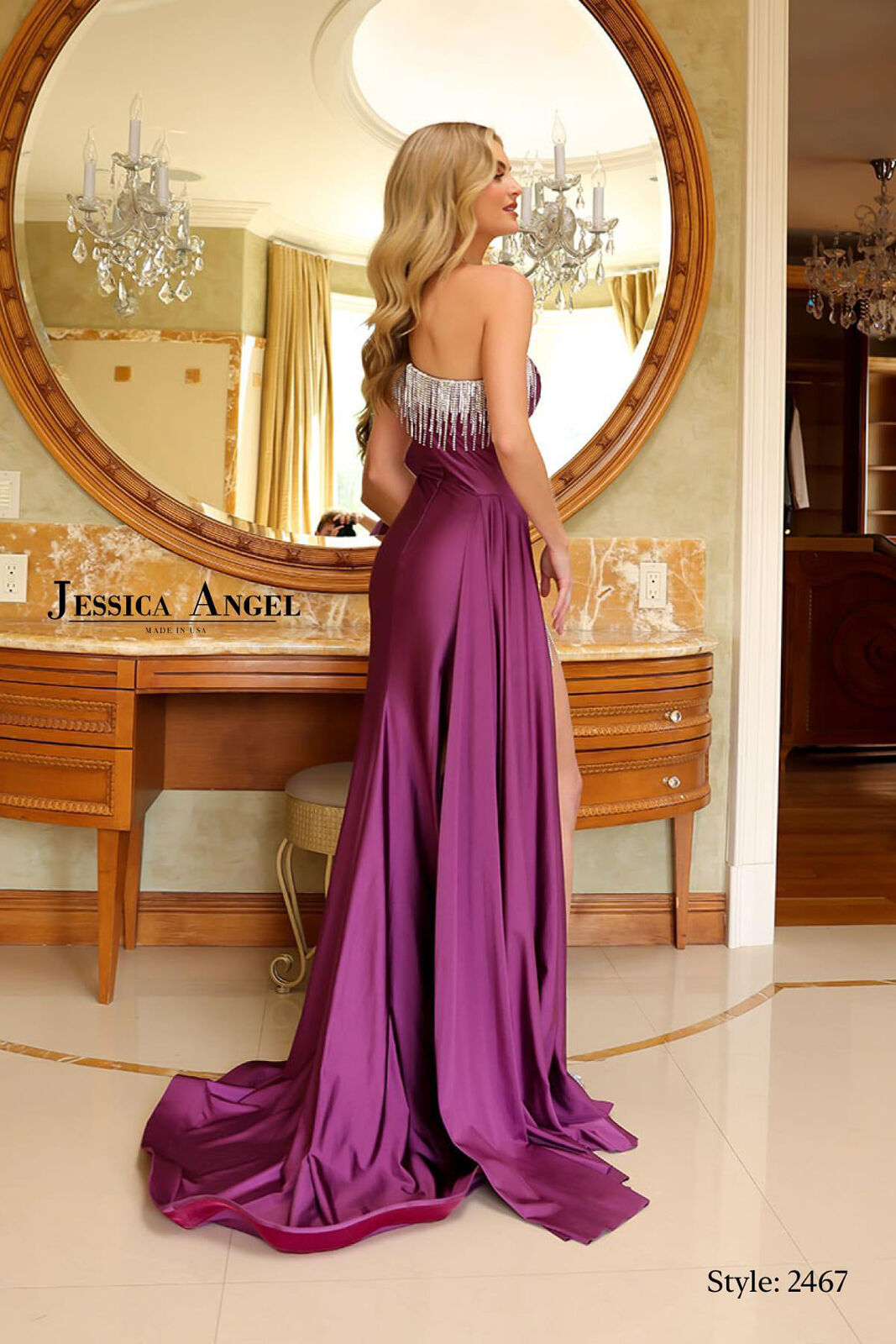 Jessica Angel 2467 Prom Long Fitted Fringe Slit Formal Dress