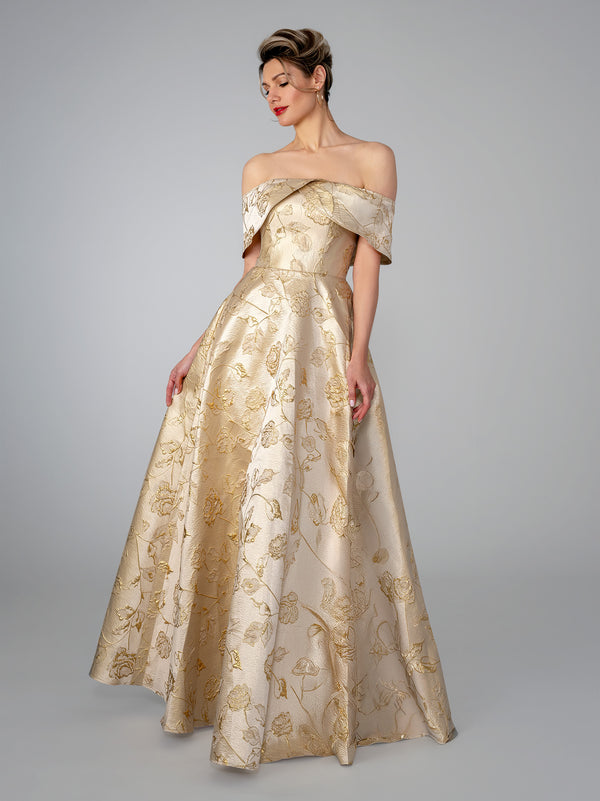 metallic floral dress Metallic Floral Long Formal Prom Dress Stella Couture 26313 Champagne / 8