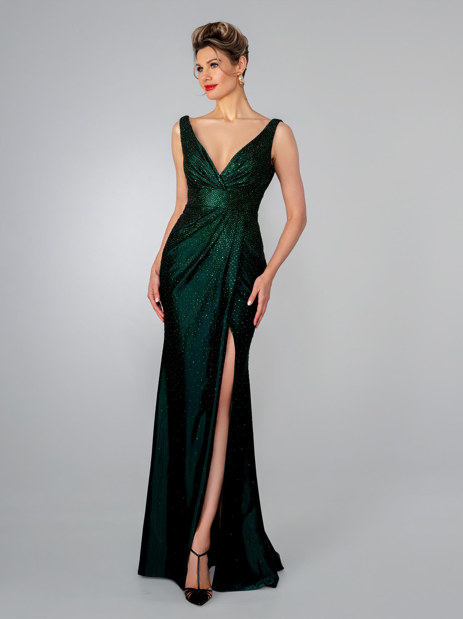 Prom Dresses Long Slit Fitted Beaded Formal Prom Dress Stella Couture 26311 Emerald