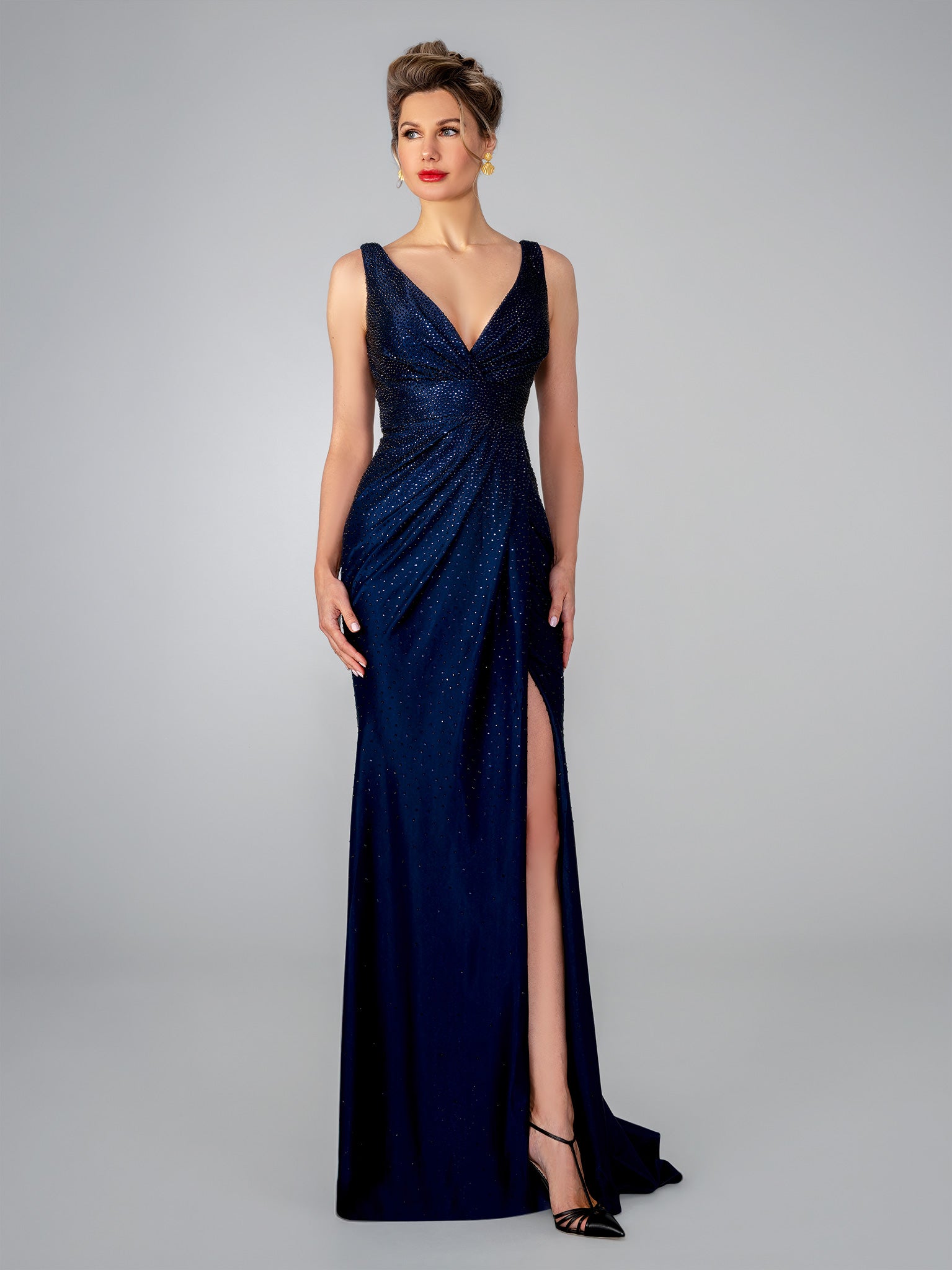 Prom Dresses Long Slit Fitted Beaded Formal Prom Dress Stella Couture 26311 Navy