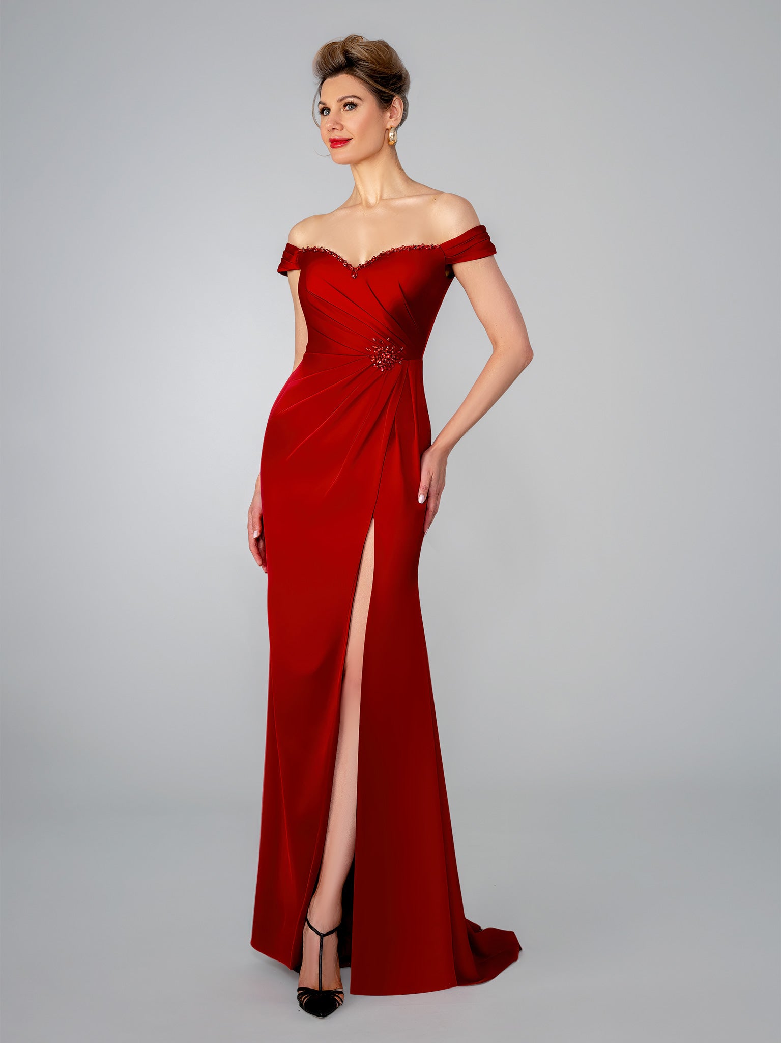 Formal Dresses Long Beaded Fitted Prom Slit Formal Dress Stella Couture 26310 Wine