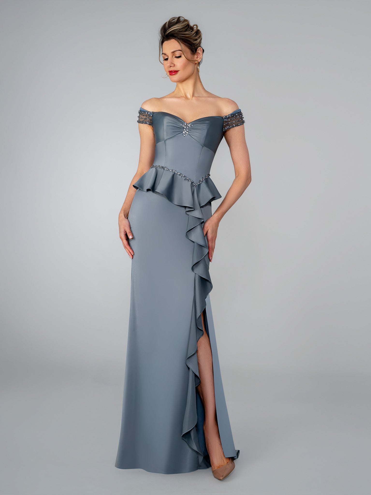 Formal Dresses Long Prom Ruffle Formal Dress Stella Couture 26309 Gray