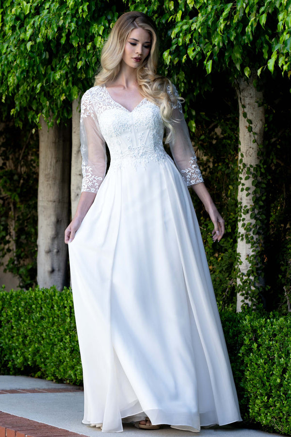 V-Neck Floor-Length Chiffon Wedding Dress A-Line Lenovia 8436